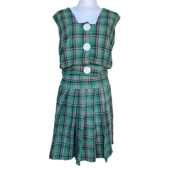 Vintage Plaid Wool Vest Skirt Set Womens Medium 60s Tartan Outfit Matching Retro - Picture 11 of 11